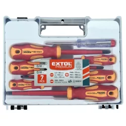 Csavarhúzó klt. szigetelt 1000V, 7db ; (-) 2,5, 4, 5,5, (+) PH (0,1,2), fáziskereső, műanyag kofferbe Extol Premium