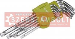 Torx kulcs klt., Cr40. 9db, egyik vége lyukas; T10,15,20,25,27,30,40,45,50, bliszteren Extol Craft